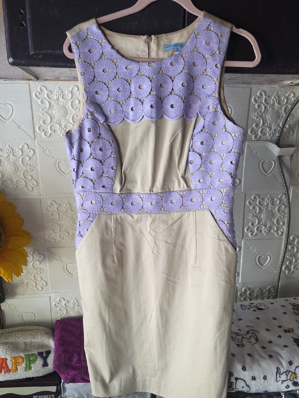 ANTONIO MELANI Beige Dress with Lavender Lace Insets